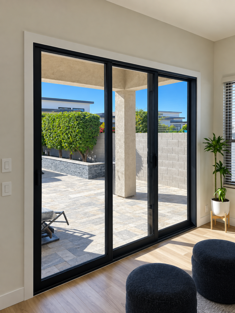 Black sliding glass patio door installed in Phoenix Arizona