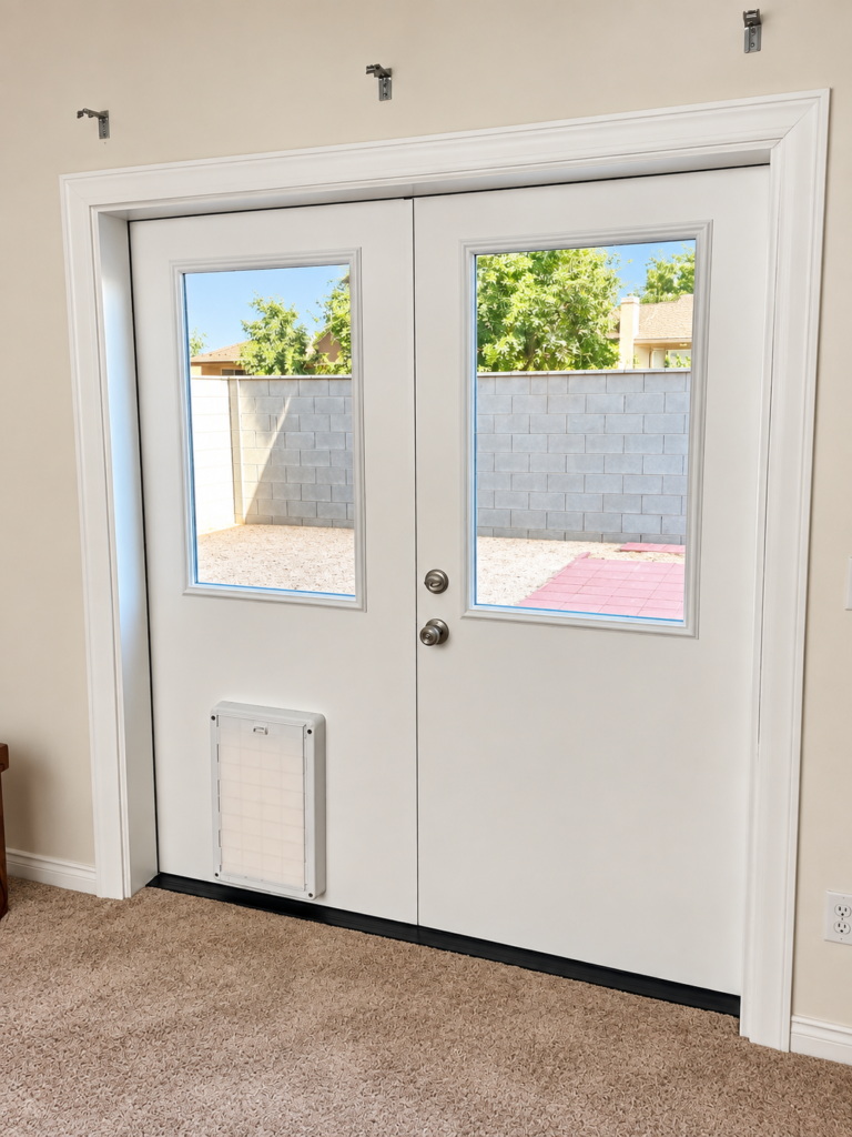White French patio doors with dog door installed in Phoenix AZ