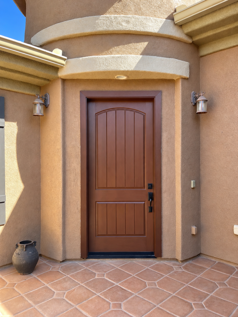 Brown fiberglass entry door with decorative panels in Anthem Arizona