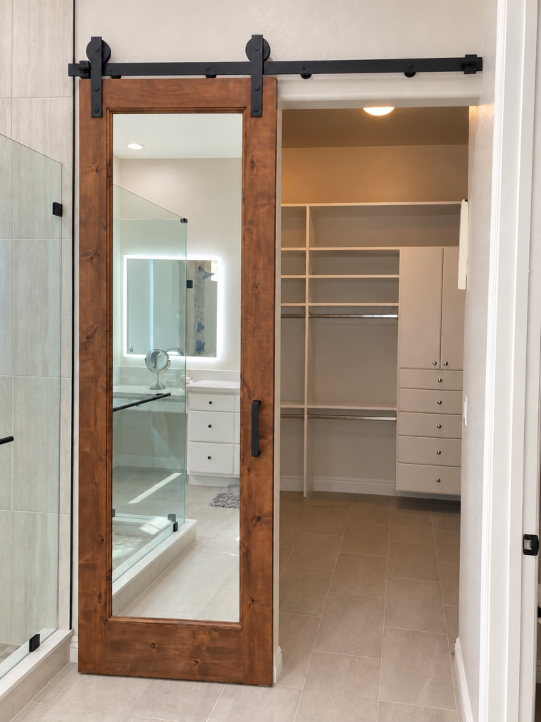 Custom wood sliding barn door with glass panel in Anthem AZ