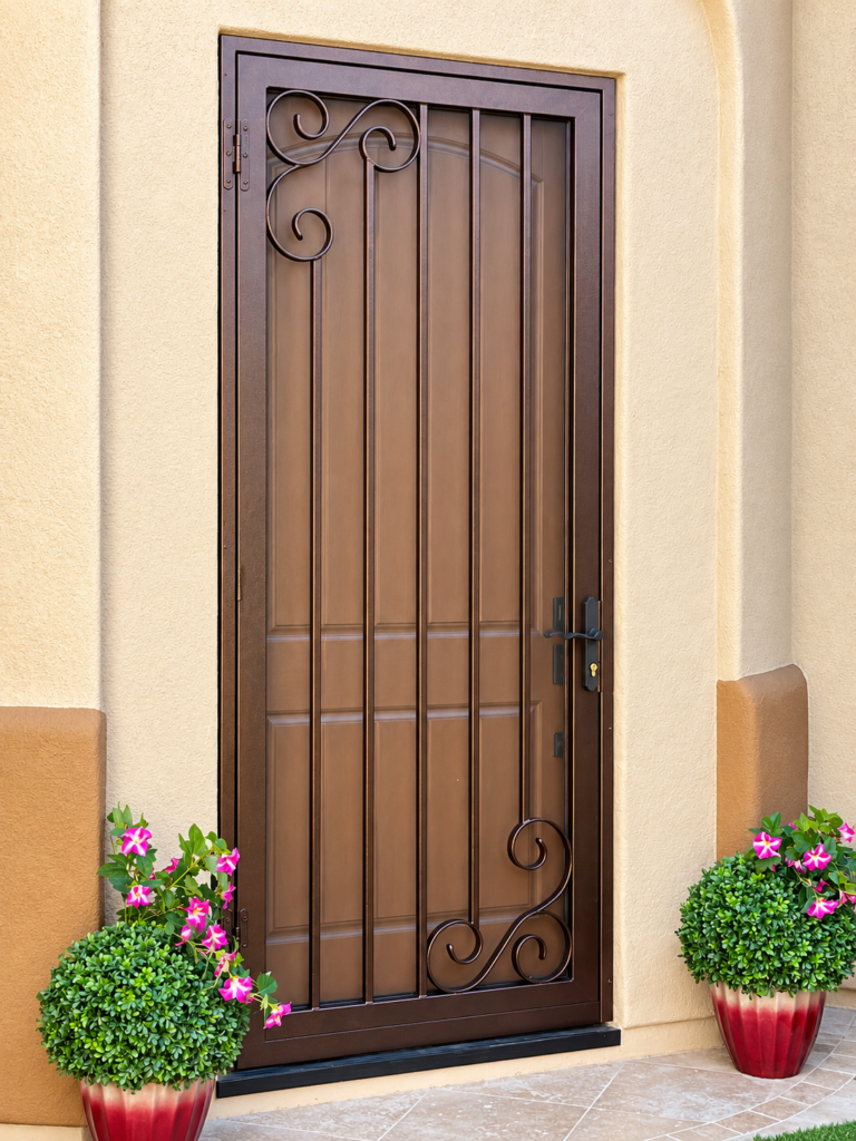 Custom decorative metal security screen door over fiberglass entry door in Anthem AZ