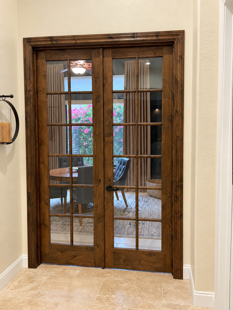 Custom knotty alder wood double office doors with glass panels